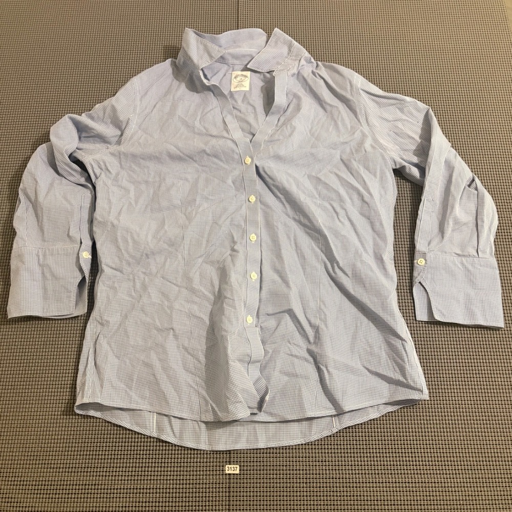 Brooks Brothers 346 Womens Blue Gingham Fitted Non-Iron Cotton Shirt Size 14